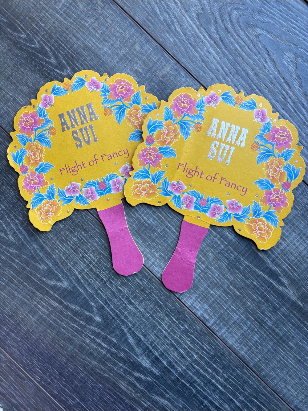 Anna Sui Yellow & Pink Floral 'Flight of Fancy' Hand Fans